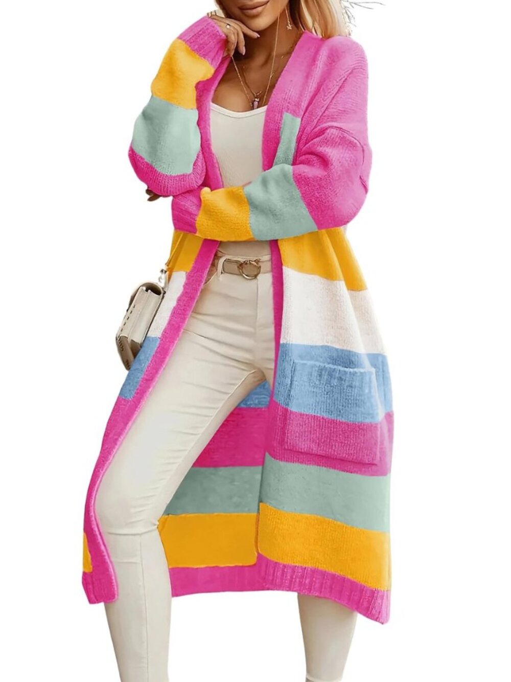 Women's Trendy Striped Knit Cardigan Color Block Open Front Mid Long Sweater